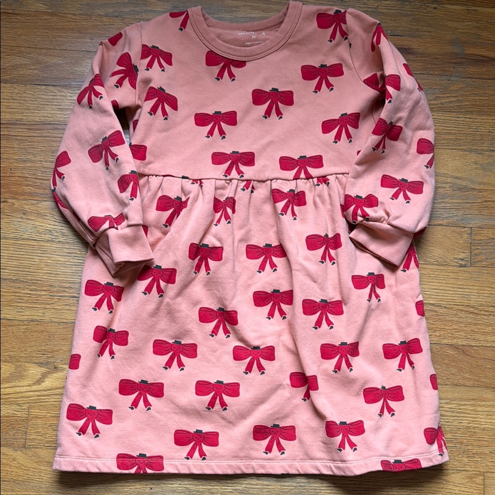 Tiny Cottons Pink Dress with Red Bow Pattern sweatshirt dress size 8
